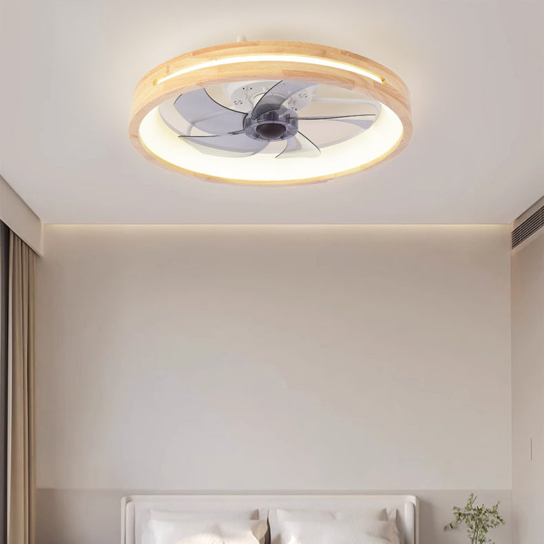 Traditional Japanese Solid Wood Iron Acrylic ABS Round Hollowed LED Flush Mount Ceiling Fan Light For Bedroom