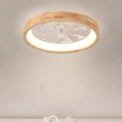 Traditional Japanese Solid Wood Iron Acrylic ABS Round Hollowed LED Flush Mount Ceiling Fan Light For Bedroom