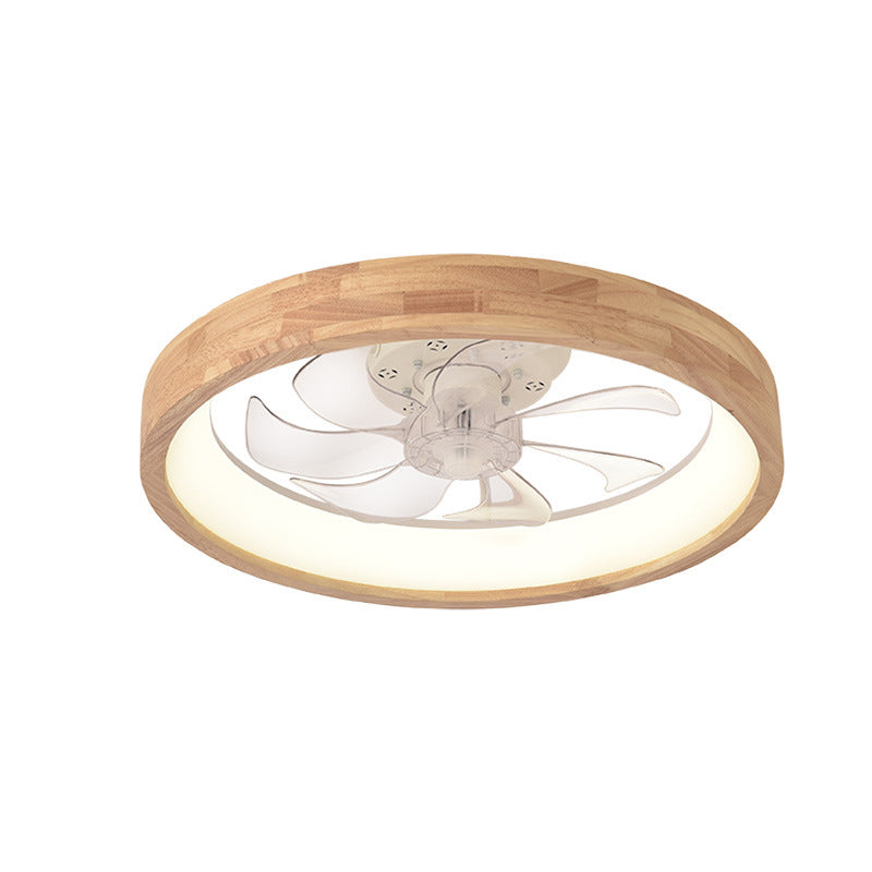 Traditional Japanese Solid Wood Iron Acrylic ABS Round Hollowed LED Flush Mount Ceiling Fan Light For Bedroom