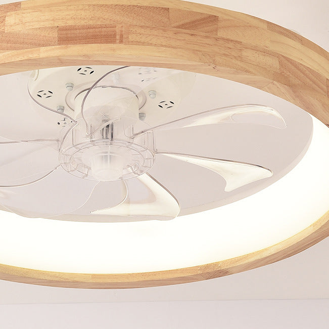 Traditional Japanese Solid Wood Iron Acrylic ABS Round Hollowed LED Flush Mount Ceiling Fan Light For Bedroom