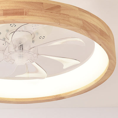 Traditional Japanese Solid Wood Iron Acrylic ABS Round Hollowed LED Flush Mount Ceiling Fan Light For Bedroom