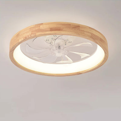 Traditional Japanese Solid Wood Iron Acrylic ABS Round Hollowed LED Flush Mount Ceiling Fan Light For Bedroom