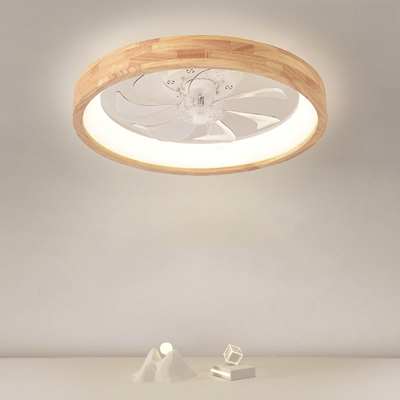 Traditional Japanese Solid Wood Iron Acrylic ABS Round Hollowed LED Flush Mount Ceiling Fan Light For Bedroom