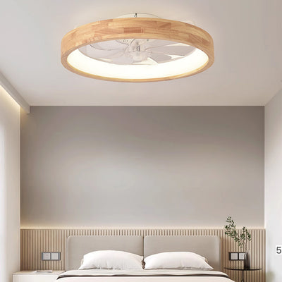 Traditional Japanese Solid Wood Iron Acrylic ABS Round Hollowed LED Flush Mount Ceiling Fan Light For Bedroom