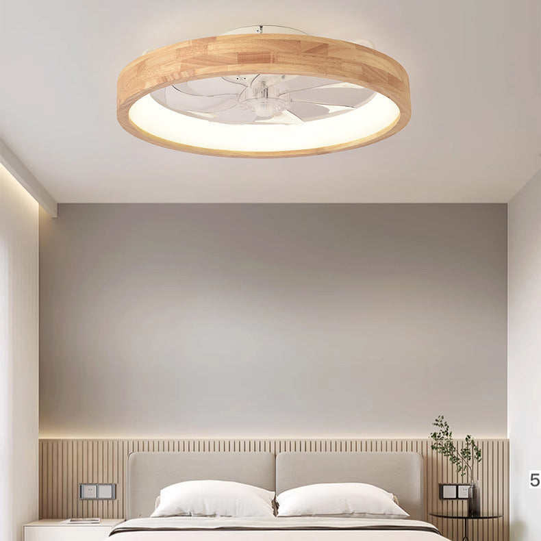 Traditional Japanese Solid Wood Iron Acrylic ABS Round Hollowed LED Flush Mount Ceiling Fan Light For Bedroom