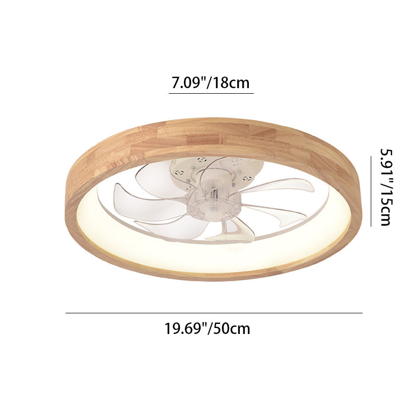 Traditional Japanese Solid Wood Iron Acrylic ABS Round Hollowed LED Flush Mount Ceiling Fan Light For Bedroom