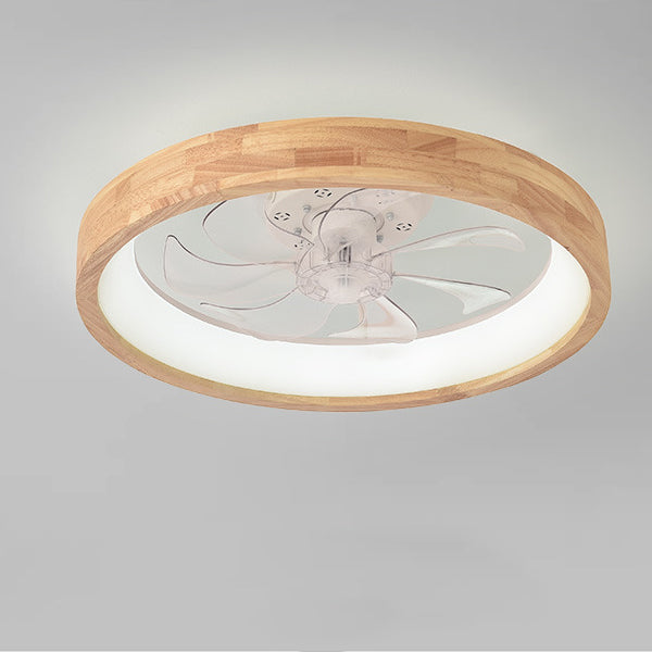 Traditional Japanese Solid Wood Iron Acrylic ABS Round Hollowed LED Flush Mount Ceiling Fan Light For Bedroom