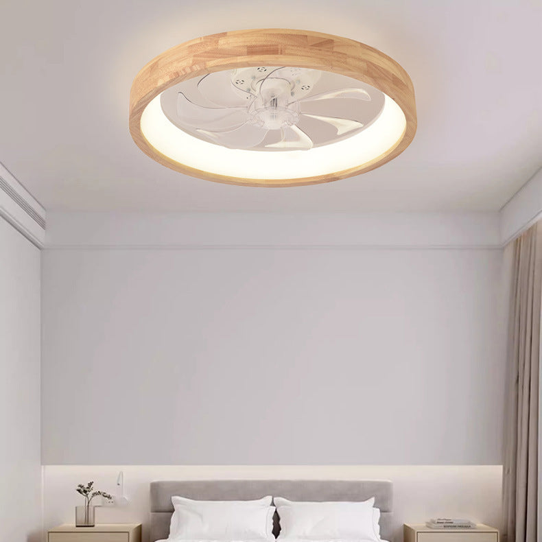 Traditional Japanese Solid Wood Iron Acrylic ABS Round Hollowed LED Flush Mount Ceiling Fan Light For Bedroom