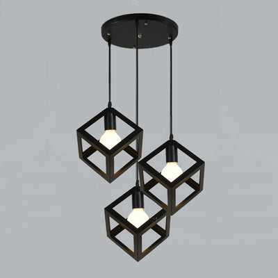 Contemporary Industrial Iron Cubic Geometric Hollowed 1/3 Light Pendant Light For Dining Room