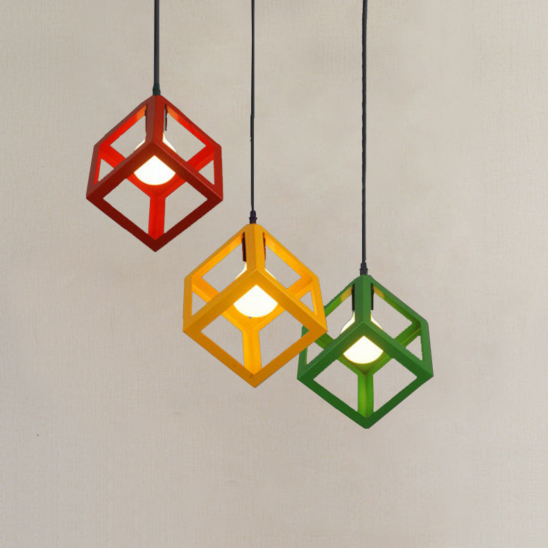 Contemporary Industrial Iron Cubic Geometric Hollowed 1/3 Light Pendant Light For Dining Room