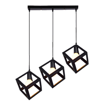 Contemporary Industrial Iron Cubic Geometric Hollowed 1/3 Light Pendant Light For Dining Room