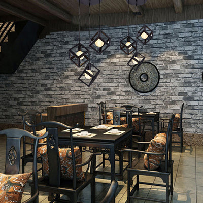 Contemporary Industrial Iron Cubic Geometric Hollowed 1/3 Light Pendant Light For Dining Room