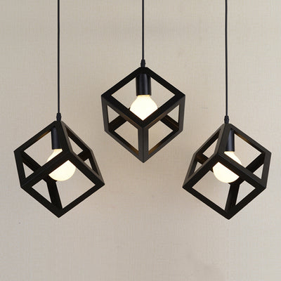 Contemporary Industrial Iron Cubic Geometric Hollowed 1/3 Light Pendant Light For Dining Room