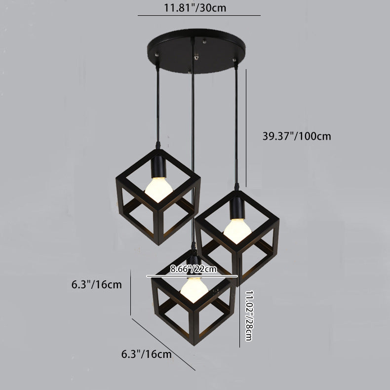 Contemporary Industrial Iron Cubic Geometric Hollowed 1/3 Light Pendant Light For Dining Room