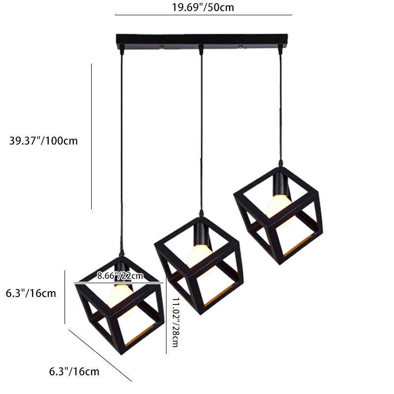 Contemporary Industrial Iron Cubic Geometric Hollowed 1/3 Light Pendant Light For Dining Room