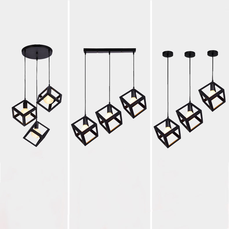 Contemporary Industrial Iron Cubic Geometric Hollowed 1/3 Light Pendant Light For Dining Room