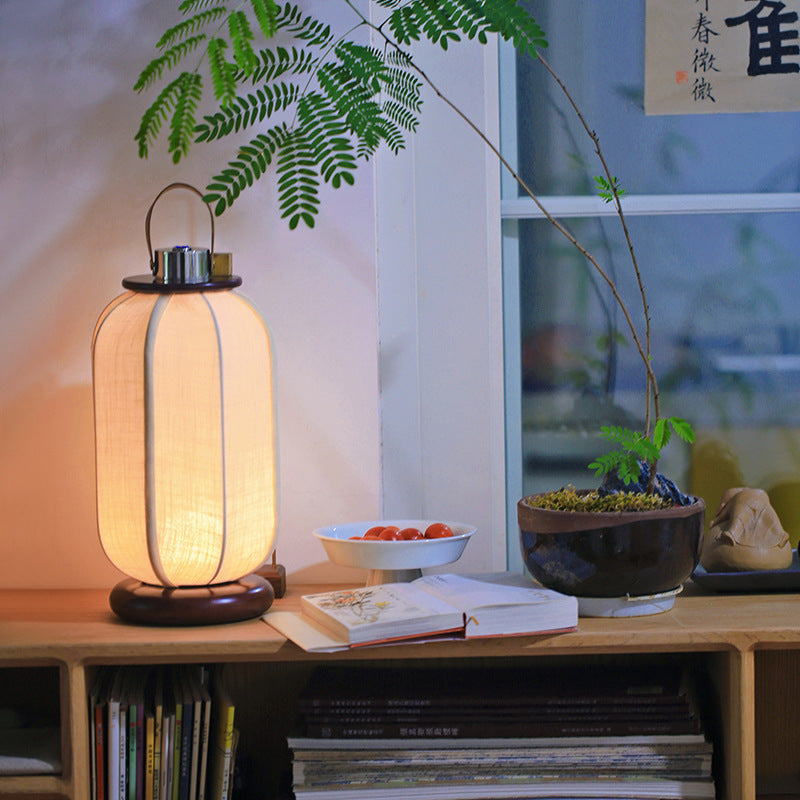 Traditional Chinese Portable USB Leather Stainless Steel Fabric Wood Cylinder Lantern Bird Pattern LED Table Lamp For Study