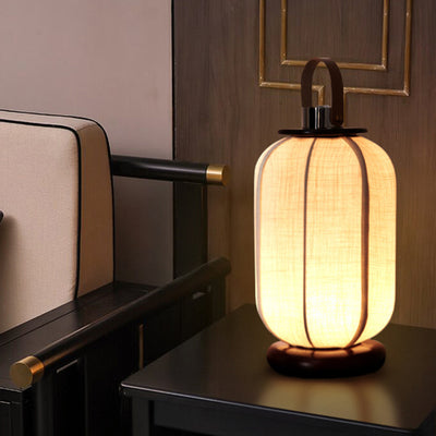 Traditional Chinese Portable USB Leather Stainless Steel Fabric Wood Cylinder Lantern Bird Pattern LED Table Lamp For Study