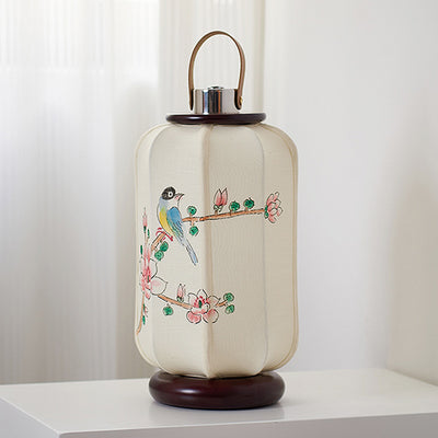 Traditional Chinese Portable USB Leather Stainless Steel Fabric Wood Cylinder Lantern Bird Pattern LED Table Lamp For Study