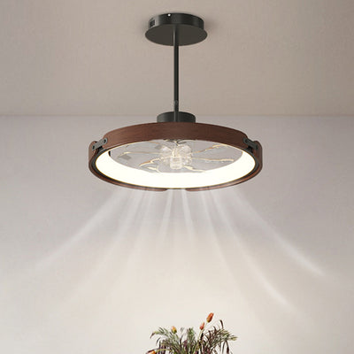 Contemporary Scandinavian Wood Acrylic PC Round LED Downrods Ceiling Fan Light For Dining Room