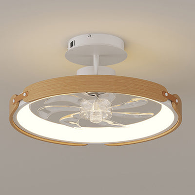 Contemporary Scandinavian Wood Acrylic PC Round LED Downrods Ceiling Fan Light For Dining Room