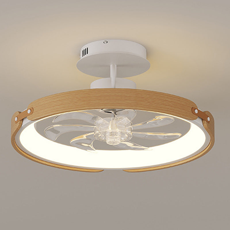 Contemporary Scandinavian Wood Acrylic PC Round LED Downrods Ceiling Fan Light For Dining Room