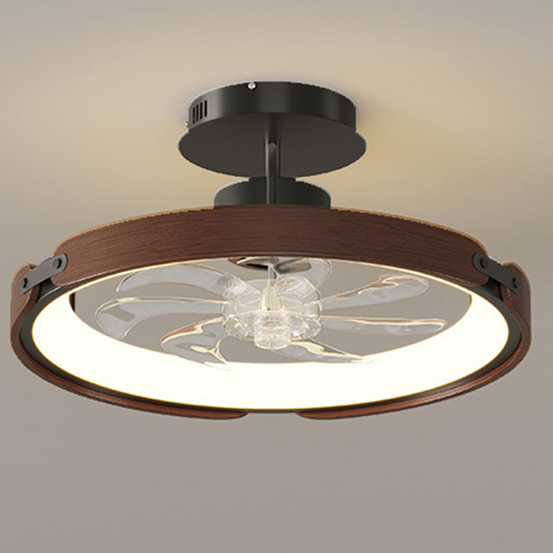 Contemporary Scandinavian Wood Acrylic PC Round LED Downrods Ceiling Fan Light For Dining Room