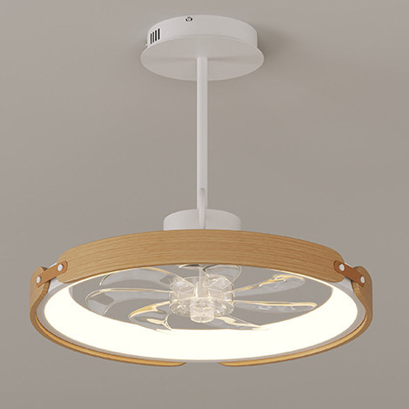 Contemporary Scandinavian Wood Acrylic PC Round LED Downrods Ceiling Fan Light For Dining Room