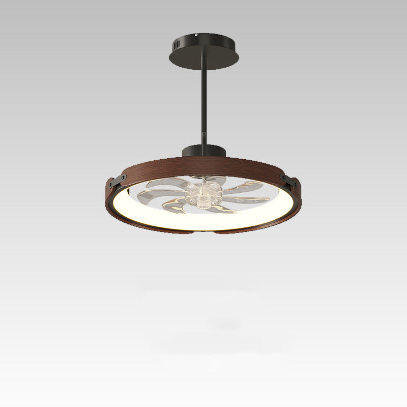 Contemporary Scandinavian Wood Acrylic PC Round LED Downrods Ceiling Fan Light For Dining Room