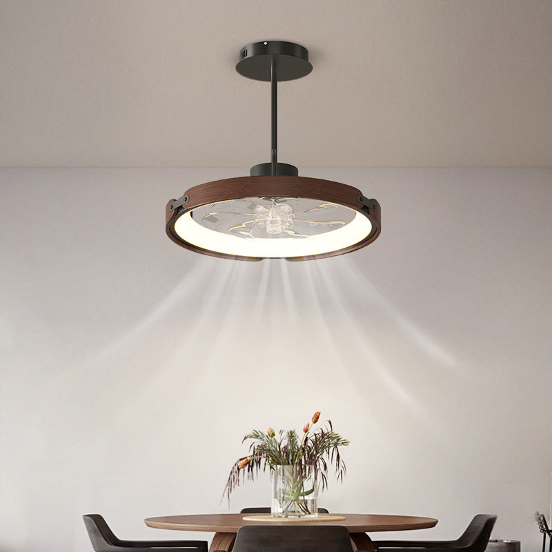 Contemporary Scandinavian Wood Acrylic PC Round LED Downrods Ceiling Fan Light For Dining Room