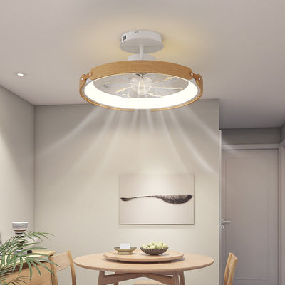 Contemporary Scandinavian Wood Acrylic PC Round LED Downrods Ceiling Fan Light For Dining Room