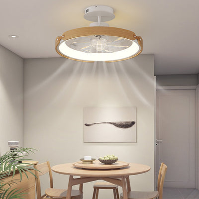 Contemporary Scandinavian Wood Acrylic PC Round LED Downrods Ceiling Fan Light For Dining Room