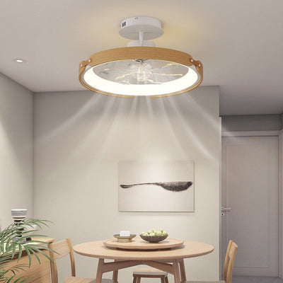 Contemporary Scandinavian Wood Acrylic PC Round LED Downrods Ceiling Fan Light For Dining Room