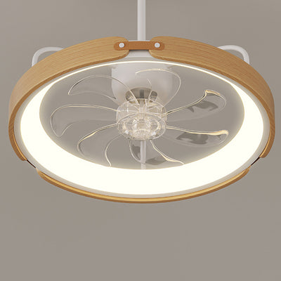 Contemporary Scandinavian Wood Acrylic PC Round LED Downrods Ceiling Fan Light For Dining Room