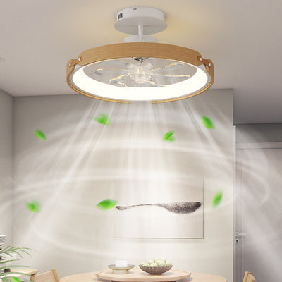 Contemporary Scandinavian Wood Acrylic PC Round LED Downrods Ceiling Fan Light For Dining Room