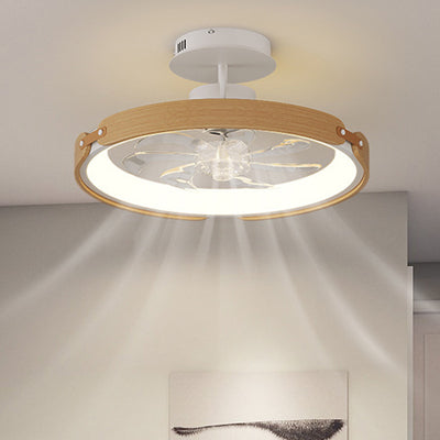 Contemporary Scandinavian Wood Acrylic PC Round LED Downrods Ceiling Fan Light For Dining Room