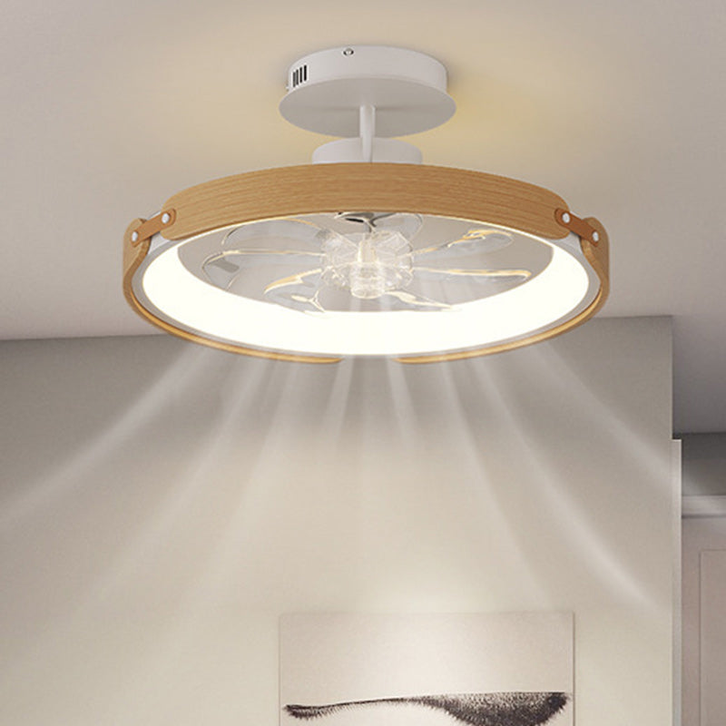 Contemporary Scandinavian Wood Acrylic PC Round LED Downrods Ceiling Fan Light For Dining Room