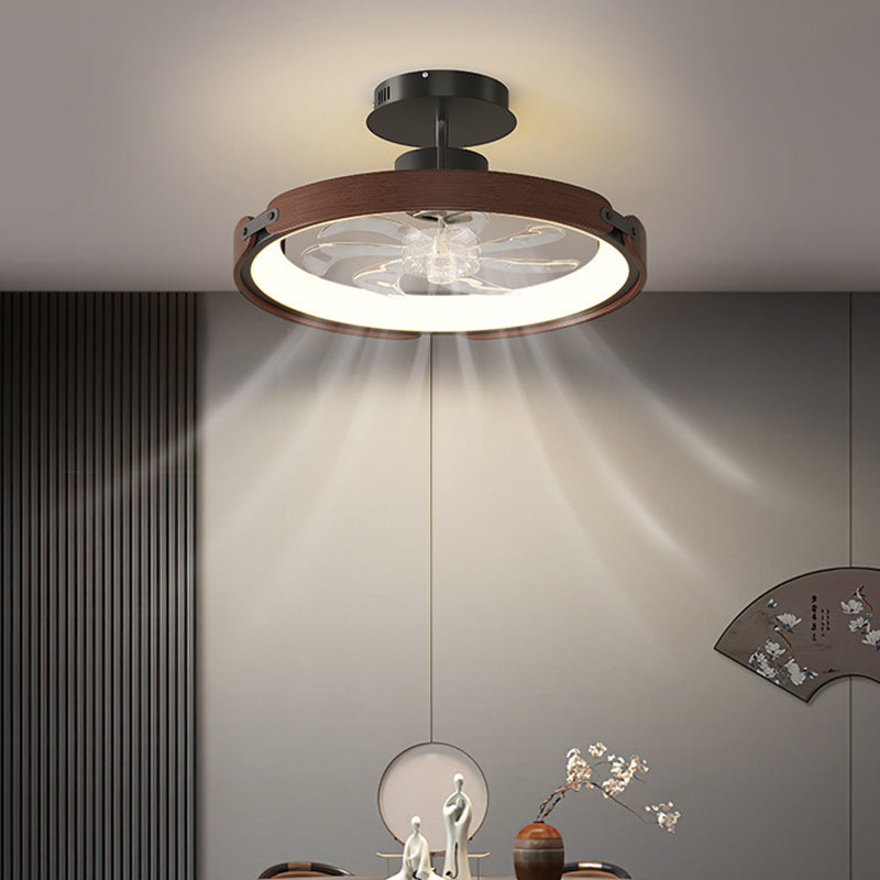 Contemporary Scandinavian Wood Acrylic PC Round LED Downrods Ceiling Fan Light For Dining Room