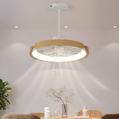 Contemporary Scandinavian Wood Acrylic PC Round LED Downrods Ceiling Fan Light For Dining Room