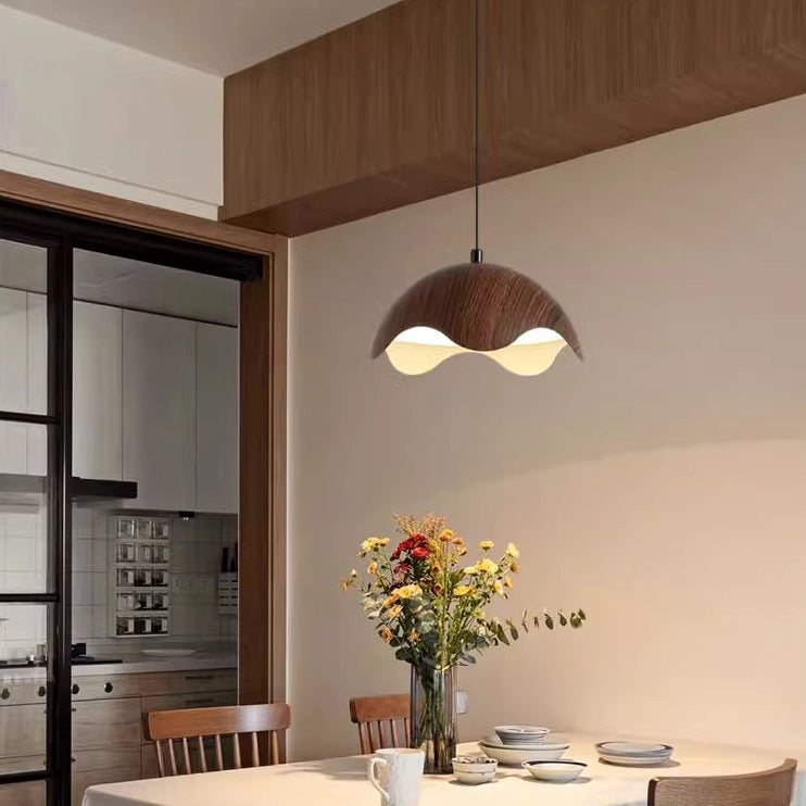 Contemporary Creative Iron Walnut Acrylic Eggshell Wave Dome LED Pendant Light For Dining Room