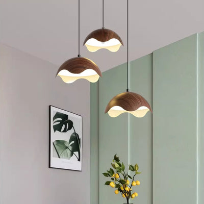 Contemporary Creative Iron Walnut Acrylic Eggshell Wave Dome LED Pendant Light For Dining Room