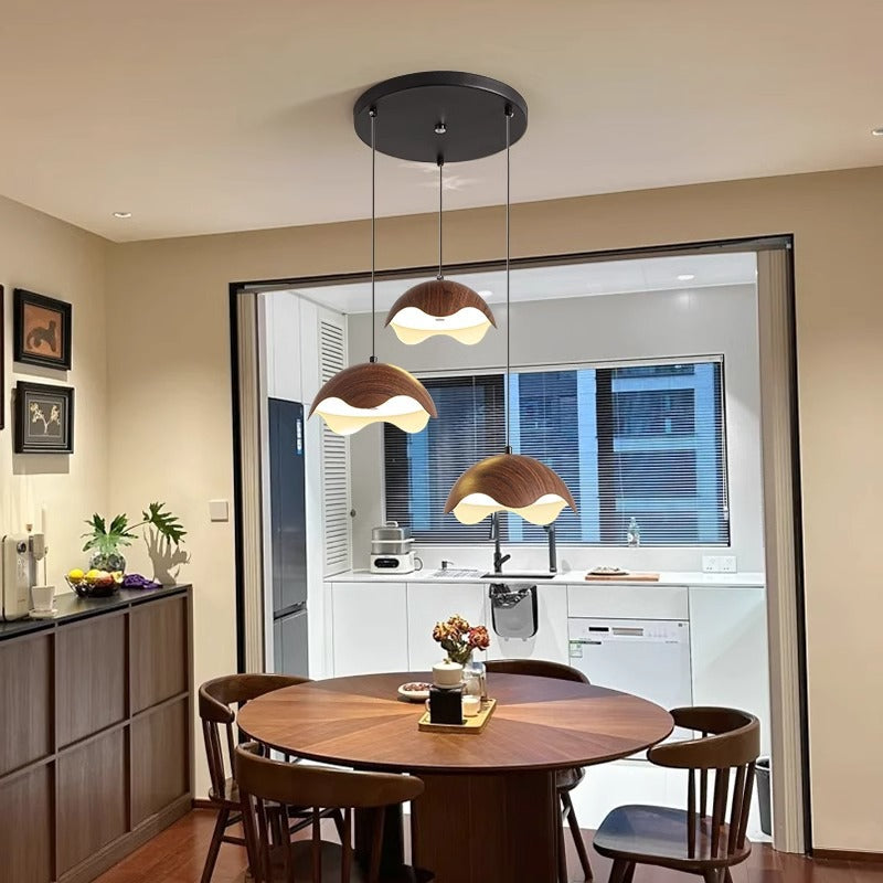 Contemporary Creative Iron Walnut Acrylic Eggshell Wave Dome LED Pendant Light For Dining Room