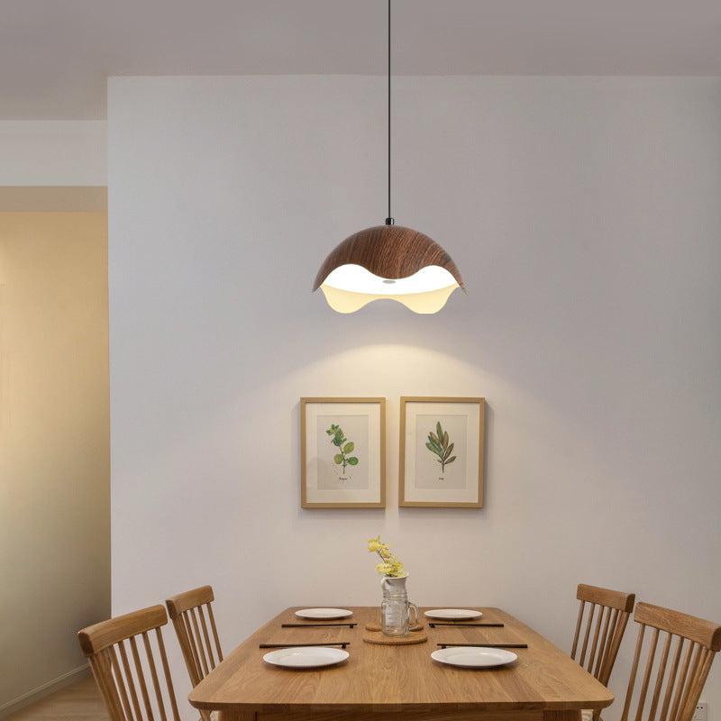 Contemporary Creative Iron Walnut Acrylic Eggshell Wave Dome LED Pendant Light For Dining Room