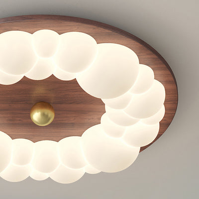 Contemporary Retro Iron PE Ash Wood Round Bubble LED Flush Mount Ceiling Light For Bedroom