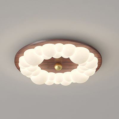 Contemporary Retro Iron PE Ash Wood Round Bubble LED Flush Mount Ceiling Light For Bedroom