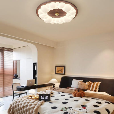 Contemporary Retro Iron PE Ash Wood Round Bubble LED Flush Mount Ceiling Light For Bedroom