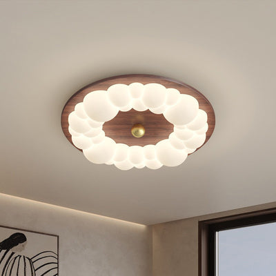 Contemporary Retro Iron PE Ash Wood Round Bubble LED Flush Mount Ceiling Light For Bedroom