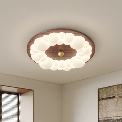 Contemporary Retro Iron PE Ash Wood Round Bubble LED Flush Mount Ceiling Light For Bedroom