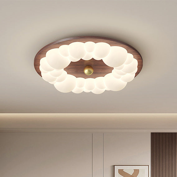 Contemporary Retro Iron PE Ash Wood Round Bubble LED Flush Mount Ceiling Light For Bedroom