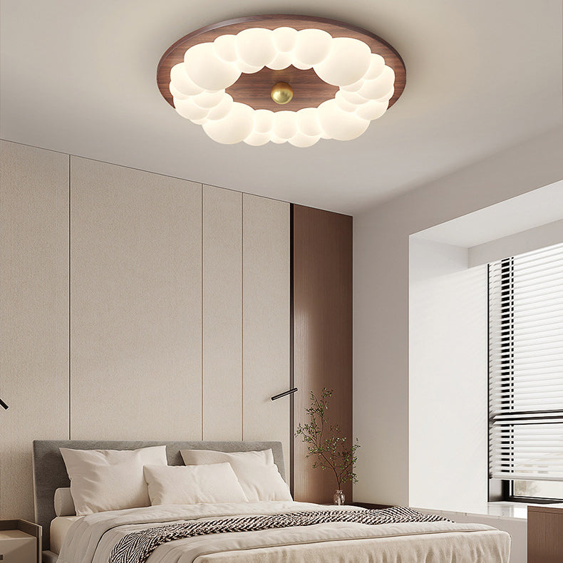 Contemporary Retro Iron PE Ash Wood Round Bubble LED Flush Mount Ceiling Light For Bedroom